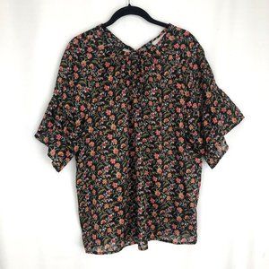 LOFT Boho Top Womens Large Black Floral Short Sleeve Rayon Blouse